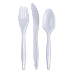 Boardwalk® Three-Piece Cutlery Kit, Fork/Knife/Teaspoon, Polypropylene, White, 250/Carton