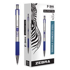 Zebra® F-301 Ballpoint Pen, Retractable, Fine 0.7 mm, Blue Ink, Stainless Steel/Blue Barrel