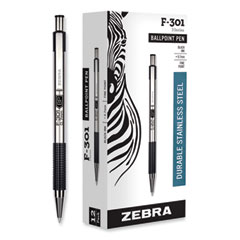 Zebra® F-301 Ballpoint Pen, Retractable, Fine 0.7 mm, Black Ink, Stainless Steel/Black Barrel