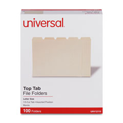 Universal® Top Tab File Folders, 1/5-Cut Tabs: Assorted, Letter Size, 0.75" Expansion, Manila, 100/Box