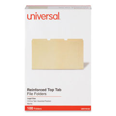 Universal® Double-Ply Top Tab Manila File Folders, 1/3-Cut Tabs: Assorted, Legal Size, 0.75" Expansion, Manila, 100/Box