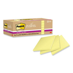 Post-it® Notes Super Sticky 100% Recycled Paper Super Sticky Notes, 3" x 3", Canary Yelow, 70 Sheets/Pad, 12 Pads/Pack