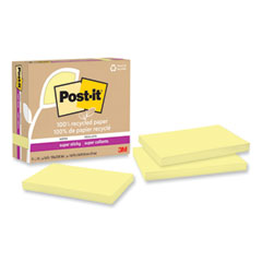Post-it® Notes Super Sticky 100% Recycled Paper Super Sticky Notes, 3" x 5", Canary Yellow, 70 Sheets/Pad, 12 Pads/Pack