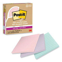 Post-it® Notes Super Sticky 100% Recycled Paper Super Sticky Notes, Ruled, 4" x 4", Wanderlust Pastels, 70 Sheets/Pad, 3 Pads/Pack
