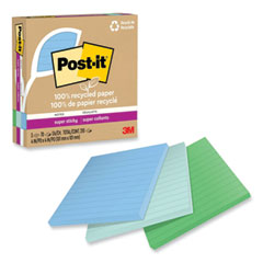 Post-it® Notes Super Sticky 100% Recycled Paper Super Sticky Notes, Ruled, 4" x 4", Oasis, 70 Sheets/Pad, 3 Pads/Pack