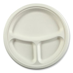 AmerCareRoyal® Bagasse PFAS-Free Dinnerware, 3-Compartment Plate, 10.24" dia, White, 500/Carton