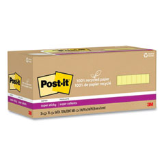 Post-it® Notes Super Sticky 100% Recycled Paper Super Sticky Notes, 3" x 3", Canary Yellow, 70 Sheets/Pad, 24 Pads/Pack