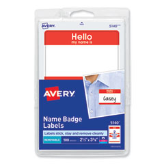 Avery® Printable Self-Adhesive Name Badges, 2 1/3 x 3 3/8, Red "Hello", 100/Pack