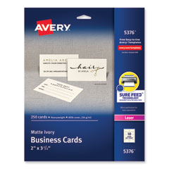 Avery® Printable Microperforated Business Cards w/Sure Feed Technology, Laser, 2 x 3.5, Ivory, 250 Cards, 10/Sheet, 25 Sheets/Pack