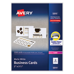 Avery® Printable Microperforated Business Cards w/Sure Feed Technology, Laser, 2 x 3.5, White, 2,500 Cards, 10/Sheet, 250 Sheets/Box