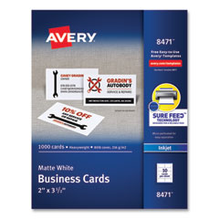 Avery® Printable Microperforated Business Cards w/Sure Feed Technology, Inkjet, 2 x 3.5, White, 1,000 Cards, 10/Sheet, 100 Sheets/Bx