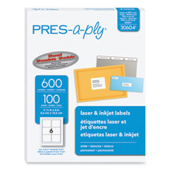 PRES-a-ply® Labels, Laser Printers, 3.33 x 4, White, 6/Sheet, 100 Sheets/Box