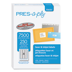 PRES-a-ply® Labels, Laser Printers, 1 x 2.63, White, 30/Sheet, 250 Sheets/Box