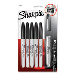 Sharpie® Fine Tip Permanent Marker, Stainless Steel Single Marker Case, Fine Bullet Tip, Black, 5/Pack