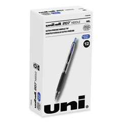 uniball® Signo 207 Needle Point Gel Pen, Retractable, Medium 0.7 mm, Blue Ink, Clear/Black/Blue Barrel, Dozen
