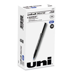 uniball® Deluxe Roller Ball Pen, Stick, Extra-Fine 0.5 mm, Blue Ink, Metallic Gray/Black/Blue Barrel, Dozen