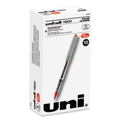 uniball® VISION Roller Ball Pen, Stick, Fine 0.7 mm, Red Ink, Silver/Red/Clear Barrel, Dozen