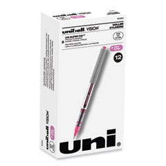 uniball® VISION Roller Ball Pen, Stick, Fine 0.7 mm, Pink Ink, Silver/Pink/Clear Barrel, Dozen