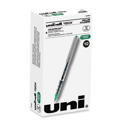 uniball® VISION Roller Ball Pen, Stick, Fine 0.7 mm, Green Ink, Silver/Green/Clear Barrel, Dozen