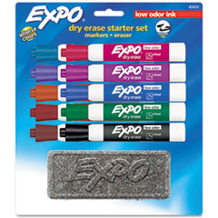 EXPO® Low-Odor, Dry Erase 10-Color Marker and Eraser Set, Broad Chisel Tip, Assorted Colors, 10/Set