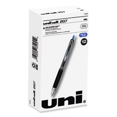 uniball® Signo 207 Gel Pen, Retractable, Fine 0.5 mm, Blue Ink, Smoke/Black/Blue Barrel, Dozen