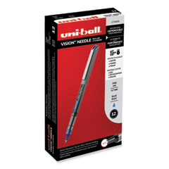 uniball® VISION Needle Roller Ball Pen, Stick, Fine 0.7 mm, Blue Ink, Gray/Clear/Blue Barrel, Dozen