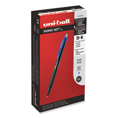 uniball® 307 Gel Pen, Retractable, Fine 0.5 mm, Blue Ink, Black Barrel, Dozen