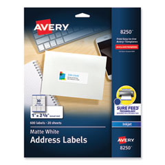 Avery® Vibrant Inkjet Color-Print Labels w/ Sure Feed, 1 x 2.63, Matte White, 600/PK