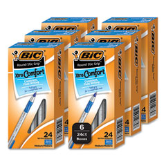 BIC® Round Stic Grip Xtra Comfort Ballpoint Pen, Medium 1 mm, Blue Ink, Gray/Blue Barrel, 24/Box, 6 Boxes/Pack