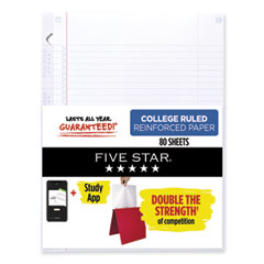 Five Star® Reinforced Filler Paper Plus Study App, 3-Hole, 8.5 x 11, College Rule, 80/Pack