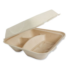 World Centric® Fiber Hinged Containers, 3-Compartment, 9.3 x 9 x 3.3, Natural, Paper, 300/Carton