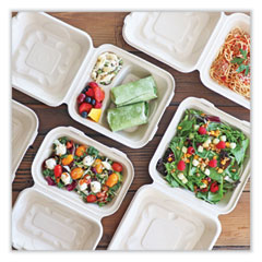 Boardwalk BWKHINGEWFHG1C9 Bagasse Molded Fiber Food Containers, Hinged-Lid, 1-Compartment 9 x 6, White, 125/Sleeve, 2 Sleeves/Carton