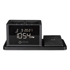 OttLite® Desktop Organizer w/LED Alarm Clock/Device Charger, 2 Compartments, 10.68 x 4.88 x 4.32, Black, Plastic,Ships in 4-6 Bus Days