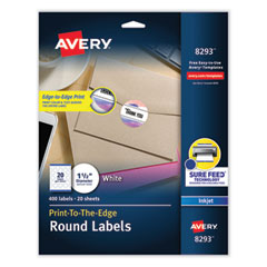 Avery® Vibrant Inkjet Color-Print Labels w/ Sure Feed, 1.5" dia, White, 400/PK