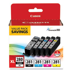 Canon® 2021C007 (CLI-281; PGI-280 XL) ChromaLife100+ Ink, Black XL/Black/Cyan/Magenta/Yellow, 5/Pack