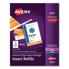 Avery® Name Badge Insert Refills, Vertical, 4 1/4 x 6, White, 100/Pack