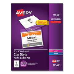 Avery® Clip-Style Name Badge Holder with Laser/Inkjet Insert, Top Load, 4 x 3, White, 100/Box