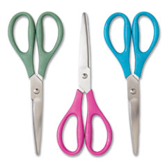 U Brands U ECO Scissors. Concave Tip, 9.45" Long, 3" Cut Length, Assorted Straight Handle, 3/Pack