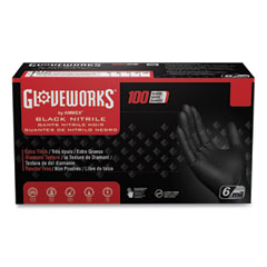 GloveWorks® by AMMEX® Heavy-Duty Industrial Nitrile Gloves, Powder-Free, 6 mil, Medium, Black, 100 Gloves/Box, 10 Boxes/Carton