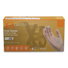 X3® by AMMEX® Industrial Vinyl Gloves, Powder-Free, 3 mil, Medium, Clear, 100/Box, 10 Boxes/Carton