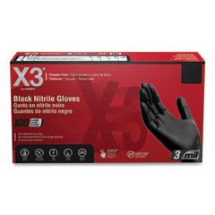 X3® by AMMEX® Industrial Nitrile Gloves, Powder-Free, 3 mil, Small, Black, 100/Box, 10 Boxes/Carton