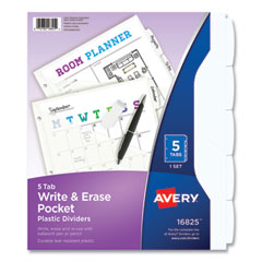 Avery® Write and Erase Durable Plastic Dividers with Straight Pocket, 5-Tab, 11.13 x 9.25, White, 1 Set