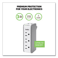 Belkin® Wall Mount Surge Protector, 3 AC Outlets/2 USB Ports, 918 J, Gray/White