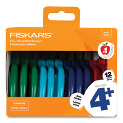 Fiskars® Kids Scissors, Pointed Tip, 5" Long, 1.75" Cut Length, Straight Handles, Assorted Colors, 12/Pack