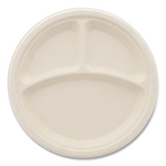 Boardwalk® Bagasse PFAS-Free Dinnerware, Plate, 10" dia, 3-Compartment, Tan, 500/Carton