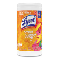LYSOL® Brand Disinfecting Wipes, 1-Ply, 7 x 7.25, Mango and Hibiscus, White, 80 Wipes/Canister