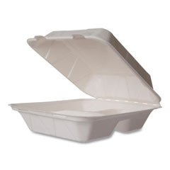 Vegware™ White Molded Fiber Clamshell Containers, 3-Compartment, 7.9 x 7.9 x 2.9, White, Sugarcane, 200/Carton