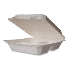 White Molded Fiber Clamshell Containers, 3-Compartment, 9 x 18 x 2, White, Sugarcane, 200/Carton