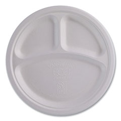 Eco-Products® Vanguard Renewable and Compostable Sugarcane Plates, 3-Compartment, 10" dia, White, 500/Carton