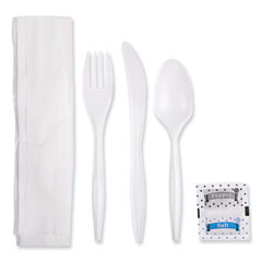 Boardwalk® Cutlery Kit, Plastic Fork/Spoon/Knife/Salt/Polypropylene/Napkin, White, 250/Carton